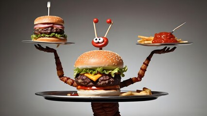 burger buddy a burger with arms and legs balancing a tray of condiments on one hand while posing.