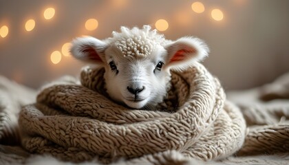 Cozy lamb nestled in a soft blanket against a pastel backdrop radiating warmth and innocence