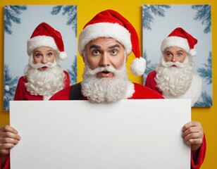 Santa Claus with red hat headwear look behind white wall poster advertise winter x-mas shopping seasonal miracle sales discounts isolated over bright color