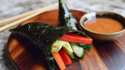 Wall Mural - Vegetarian Sushi Roll with Dipping Sauce