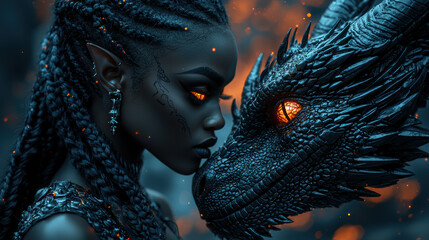 A mystical portrait featuring a woman and a dragon in a dramatic, fiery background, showcasing an enchanting bond of strength.