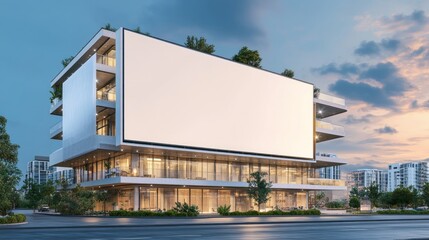 Luxury building exterior with empty white mock up banner billboard on sky background. Ad and commercial concept. 3D Rendering