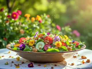 A food photography of delicious summer salad with fruits and vegetables, lunch photo on a sunny day