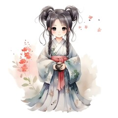 A beautiful cartoon girl wearing Hanfu is a traditional Chinese costume from the Han dynasty, consisting of a long robe, pants or a skirt, and a waist sash for securing the outfit