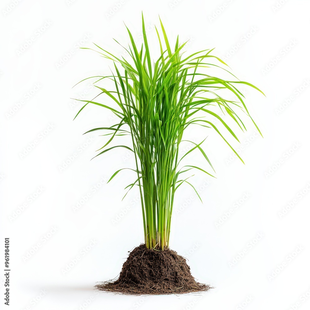Rice plant with roots in soil against white background. Stock Photo ...
