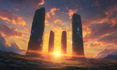 Poster - Three Tall Stone Pillars Against a Dramatic Sunset Sky