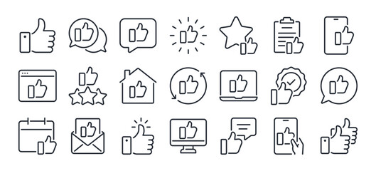 thumb up and like gesture editable stroke outline icons set isolated on white background flat vector