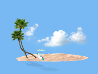 Poster - Summer travel to tropical island. Sand with palm trees, beach umbrella and deckchair. Light blue background as sky and sea