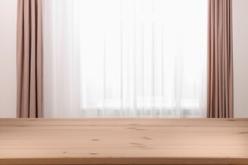 Wall Mural - Empty wooden table near window with curtains. Space for design