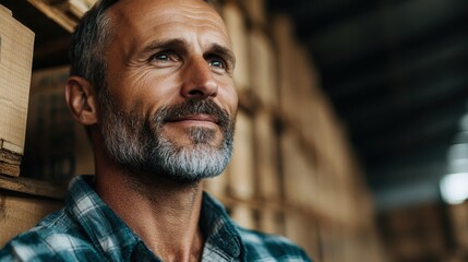 A bearded man in a plaid shirt leans against a stack of wooden crates, gazing thoughtfully into the distance, symbolizing introspection and determination in a rustic setting.