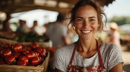 A smiling woman in an apron at an outdoor market, holding a basket of fresh tomatoes, embodying the simplicity and nurturing essence of farm life and community spirit.