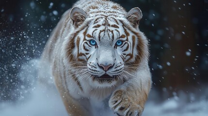 Wall Mural - majestic white tiger prowling through snowy landscape piercing blue eyes breath visible in frigid ai