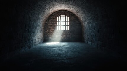 A haunting photograph of a dimly lit stone cell, featuring a barred window that allows a single ray of light to penetrate the darkness, evoking a sense of isolation and contemplation.