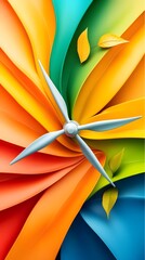 Sticker - Abstract Wind Turbine with Colorful Swirls and Leaves.