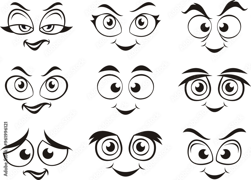 Cartoon faces. Expressive eyes and mouth, smiling . Caricature comic ...