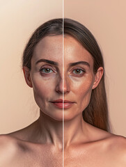 A woman's face is shown split in half, with one half made more natural and the other half smoother. The background is solid, neutral color. Cosmetic concept. AI generated.