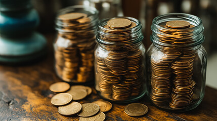 Wall Mural - Three jars filled with gold coins on a wooden table. Concept of wealth and abundance, as the jars are overflowing with gold coins