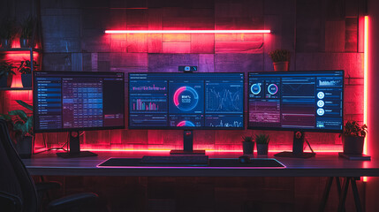 Poster - A computer desk with three monitors and a webcam. The monitors are displaying various graphs and numbers. The desk is surrounded by potted plants and a chair. Scene is focused and professional