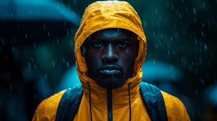 Poster - A man in a yellow raincoat is standing in the rain. He is looking at the camera with a serious expression. Concept of determination and resilience in the face of adversity