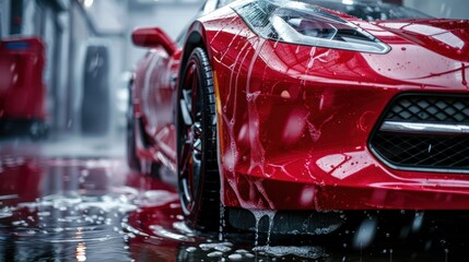 Red sports luxury car under a water jet during the washing process at a car wash AI generated image