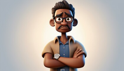 Sad Stressed Cartoon Man with Glasses in 3D Style Portrait on Light Background - Adult Male with Upset Expression and Crossed Arms - Human Feelings, Stress, and Anxiety Concept Illustration