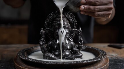 Wall Mural -  Black stone Ganesha statue is pouring white milk on an antique Ganesha Chaturthi is a Hindu festival held to commemorate the birth of Lord Ganesha.