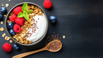 Wall Mural - Healthy breakfast bowl with yogurt, granola, fresh raspberries, blueberries, and flaxseeds on a wooden background