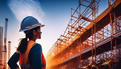 Silhouette of a construction worker in a hard hat against a backdrop of colorful scaffolding and machinery.