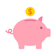 Vector isolated pink piggy bank with yellow dollar coin icon