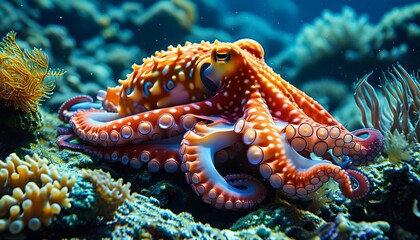 Vibrant underwater scene with a colorful octopus swimming among intricate coral and lush sea plants