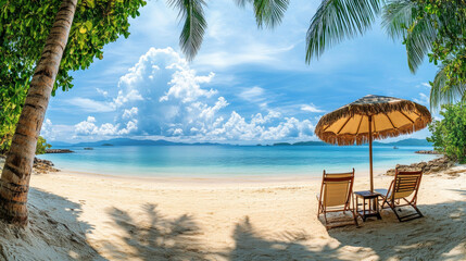 Beautiful panoramic sea sand sky.Tropical relax beach sunny summer island landscape. Love couple chairs umbrella palm leaves romantic coast. Luxury travel destination. Honeymoon vacation best tourism