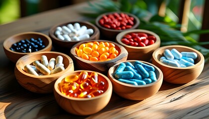 Colorful capsules and pills in wooden bowls illuminated by natural light, embodying health, wellness, and the vibrant essence of life.