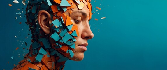 A digital artwork closeup portrait of a human head fragmented into shards. Blue and orange color palette. Creativity, chaos, and change emotive expressive illustration header concept.