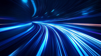Poster - shiny blue lines zoom across a dark blue background, creating a sense of speed and futuristic techno