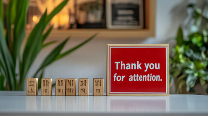 a bright red attention sign sits on a white table, next to wooden blocks spelling out 