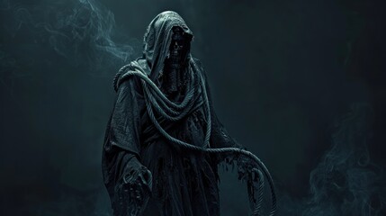 Creepy halloween grim reaper wearing black rope AI generated image