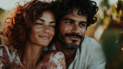 A couple smiles warmly while relaxing together outdoors in natural light. Their close embrace and happy faces capture a moment of shared joy and intimacy in a serene setting.