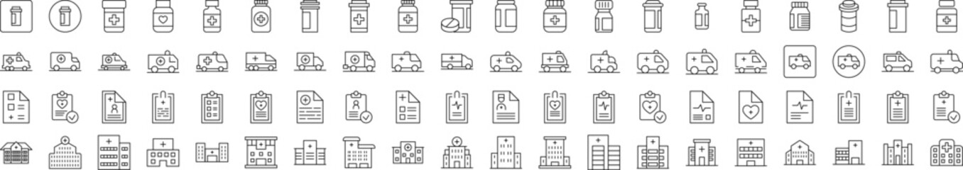 Wall Mural - Related Icon Set. Contains Icons of Hospital, Ambulance, Pills, Prescription for Banners, Infographics, Books, Articles and Other Types of Design