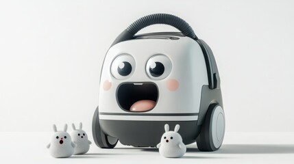 A smiling vacuum cleaner with a friendly face, with three fluffy toy bunnies in front of it.