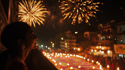 Wall Mural - Diwali festival, fireworks decorate the night sky above the city, oil lamps are installed along the streets and balconies, people smile while watching fireworks, Ai generated images