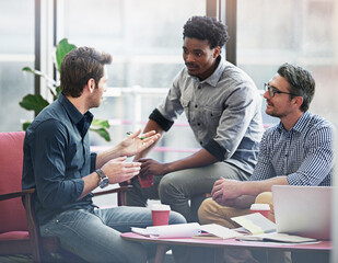 Poster - Business people, creative and planning in workspace for project management, discussion or meeting. Startup, brainstorming and partnership in workplace for teamwork, strategy or pitch with diversity