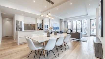 Poster - An open concept living room and kitchen with white furniture.