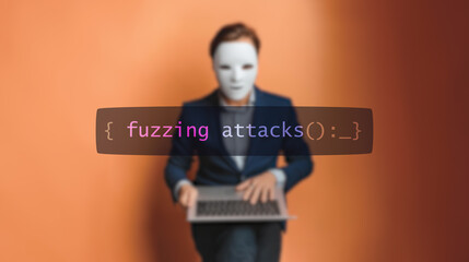 Wall Mural - Cybersecurity concept code attack on foreground screen, hacker silhouette hidden with low poly style mask. Vulnerability and attack on colored code editor. Text in English, English text