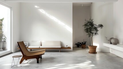 Wall Mural - A minimalist living room with a white sofa and a potted tree.