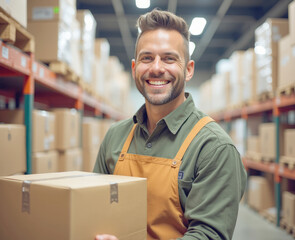 The storekeeper smiles and carries a box in the warehouse