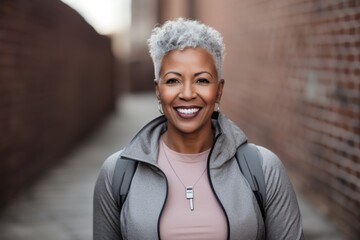 Wall Mural - Portrait of a confident black woman smiling in athletic wear against brick wall