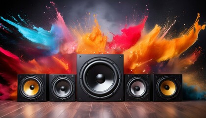 Array of Black Floor Speakers in Front of Vibrant Paint Splash Background for Fun Music Concepts - Colorful Audio Vibe