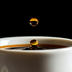 Close up of Espresso dripping into coffee mug brewing coffee isolated in darkbackground