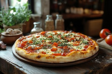 a rustic pizza with vibrant vegetable toppings on a weathered wooden table scattered herbs and spices create an aromatic scene warm inviting lighting emphasizes textures