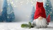 © Bonita - Festive Nordic Christmas Gnome in Red Cap with Fir Branch on Snowy Winter Background Holiday Invitation Card